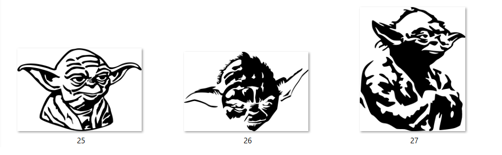 Three black and white illustrations of a character with long ears, resembling Yoda from Star Wars, on a white background.