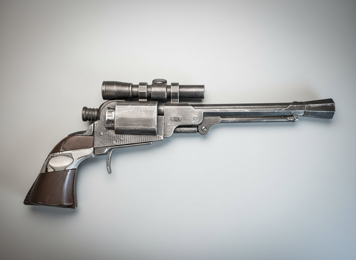 “Reverse side view of Cad Bane LL-30 blaster pistol replica showing grip details and weathered finish.”