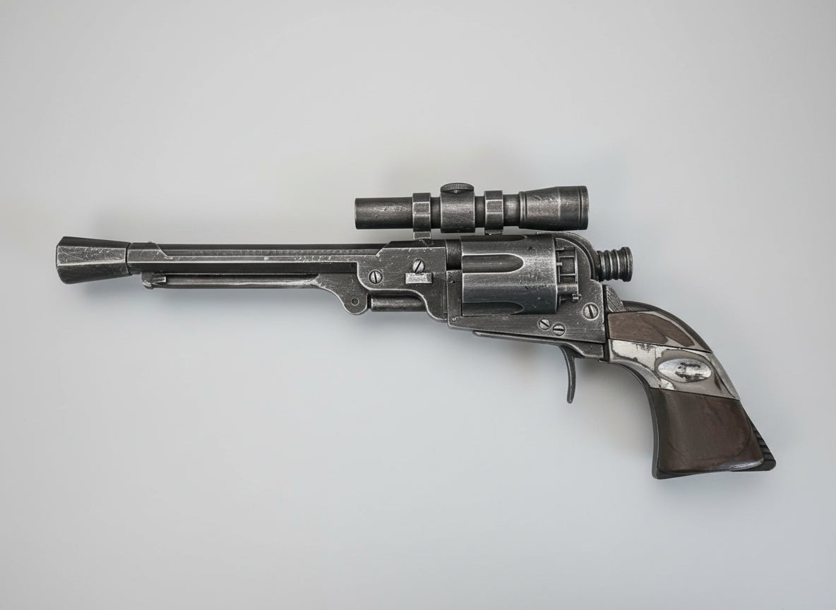 “Close-up of Cad Bane LL-30 blaster pistol replica highlighting scope and barrel craftsmanship.”