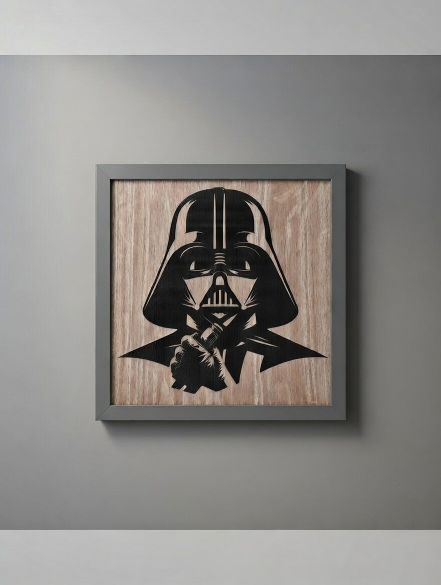 Darth Vader inspired laser-cut wood silhouette wall art, handcrafted in Oregon by Outer Rim Props