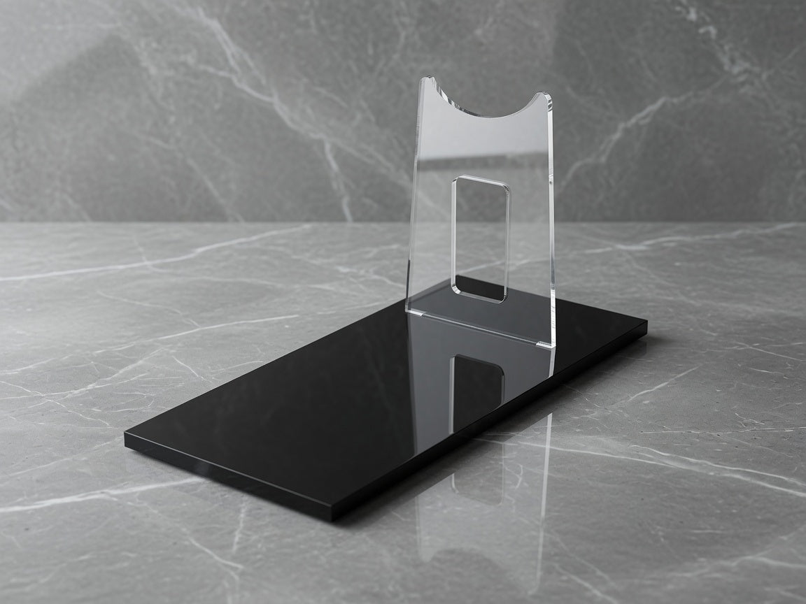 DT-12 blaster display stand angled view showing notched acrylic riser