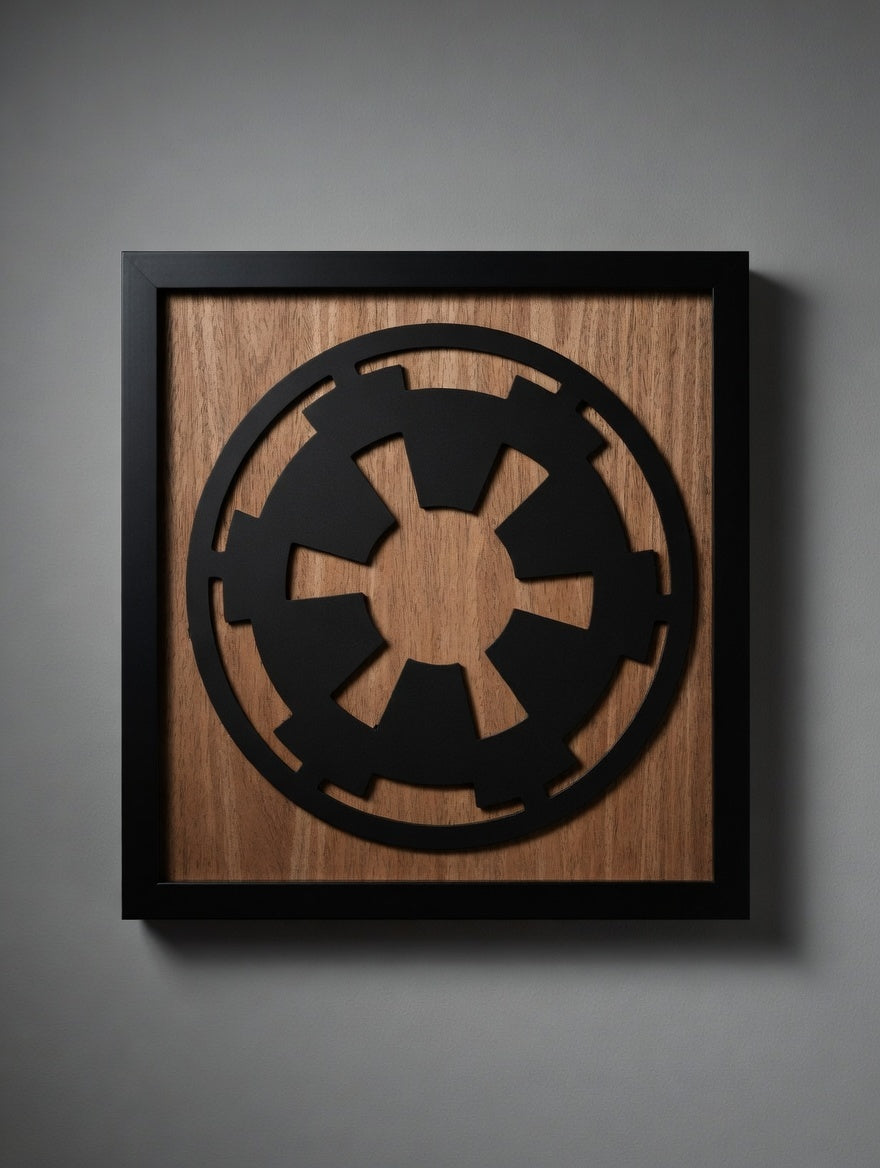 Imperial cog emblem framed wall art, 12x12 laser-cut wood panel in a black frame, Outer Rim Props