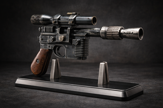Blaster on stand with a simple engraved nameplate visible, neutral shelf background, evoking a collector’s display case.