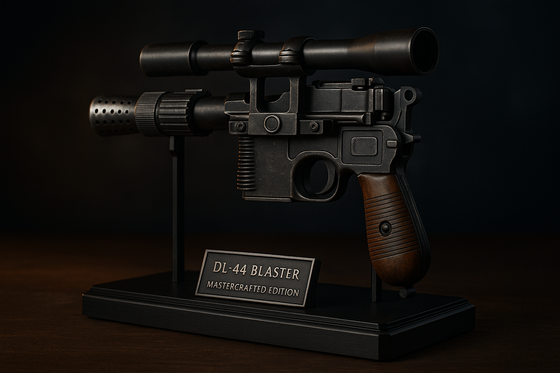 “Cinematic photo of a Mastercrafted Edition DL-44 blaster on custom display stand.”