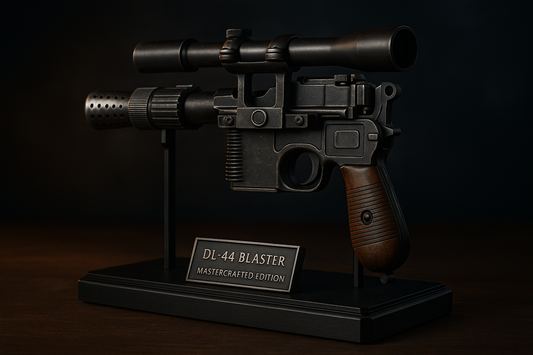 “Cinematic photo of a Mastercrafted Edition DL-44 blaster on custom display stand.”