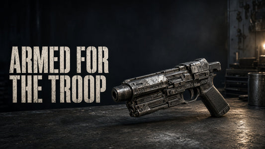 Hand-weathered replica blaster on a dark workshop bench beside the headline "Armed for the Troop"