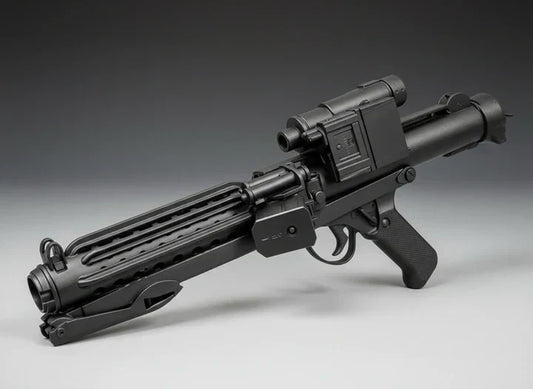 Cinematic display of a finished Star Wars blaster replica on a stand with subtle weathering and collector-grade presentation