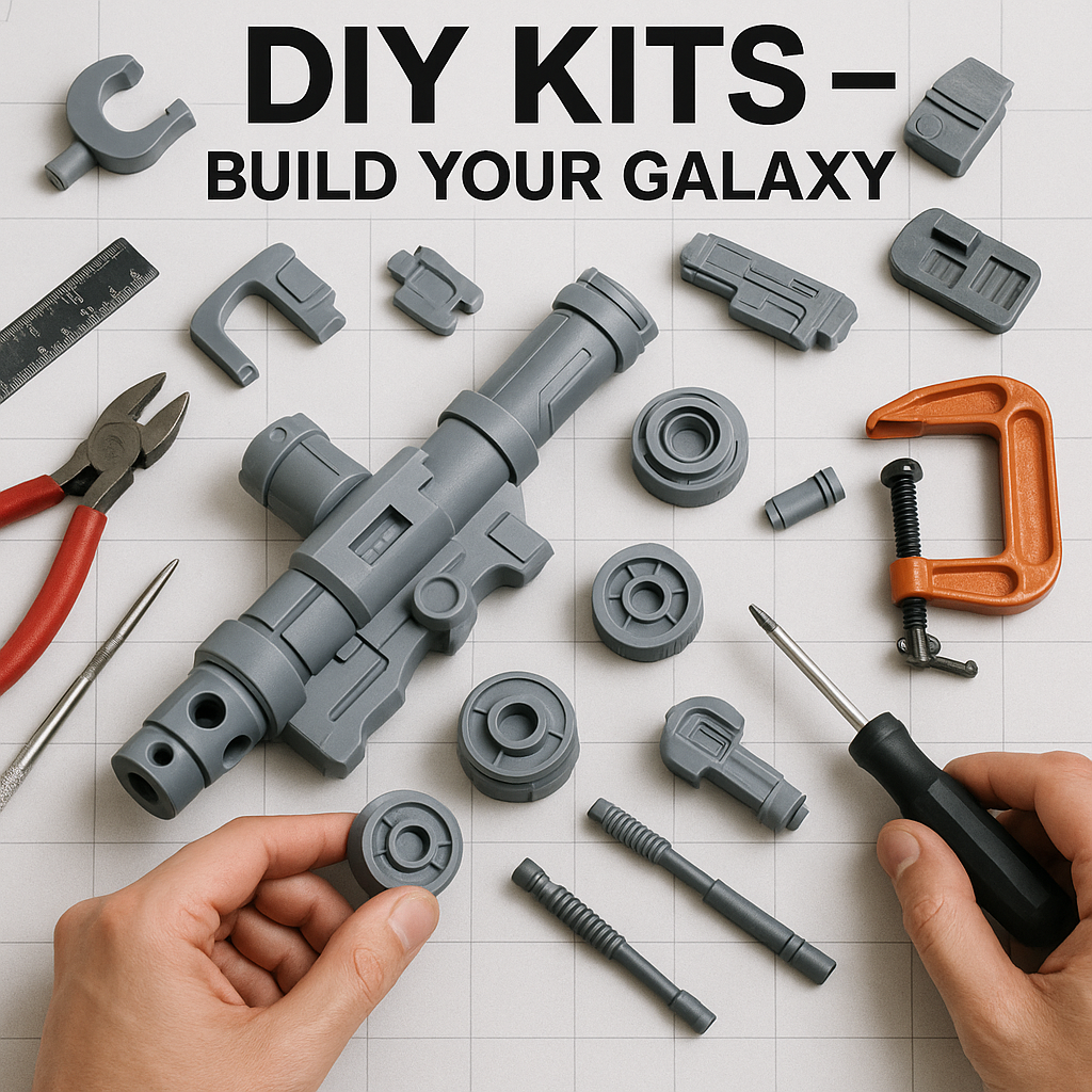“Unassembled Star Wars blaster DIY kit pieces laid out for building and customization.”