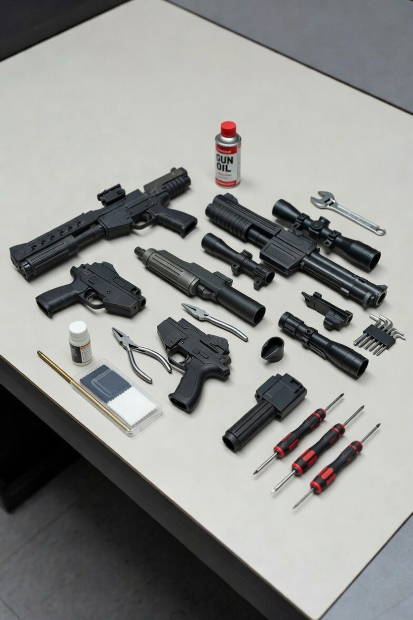 “Unassembled Star Wars blaster DIY kit pieces laid out for building and customization.”