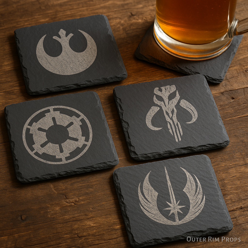 Faction-style emblem engraved on natural slate coaster