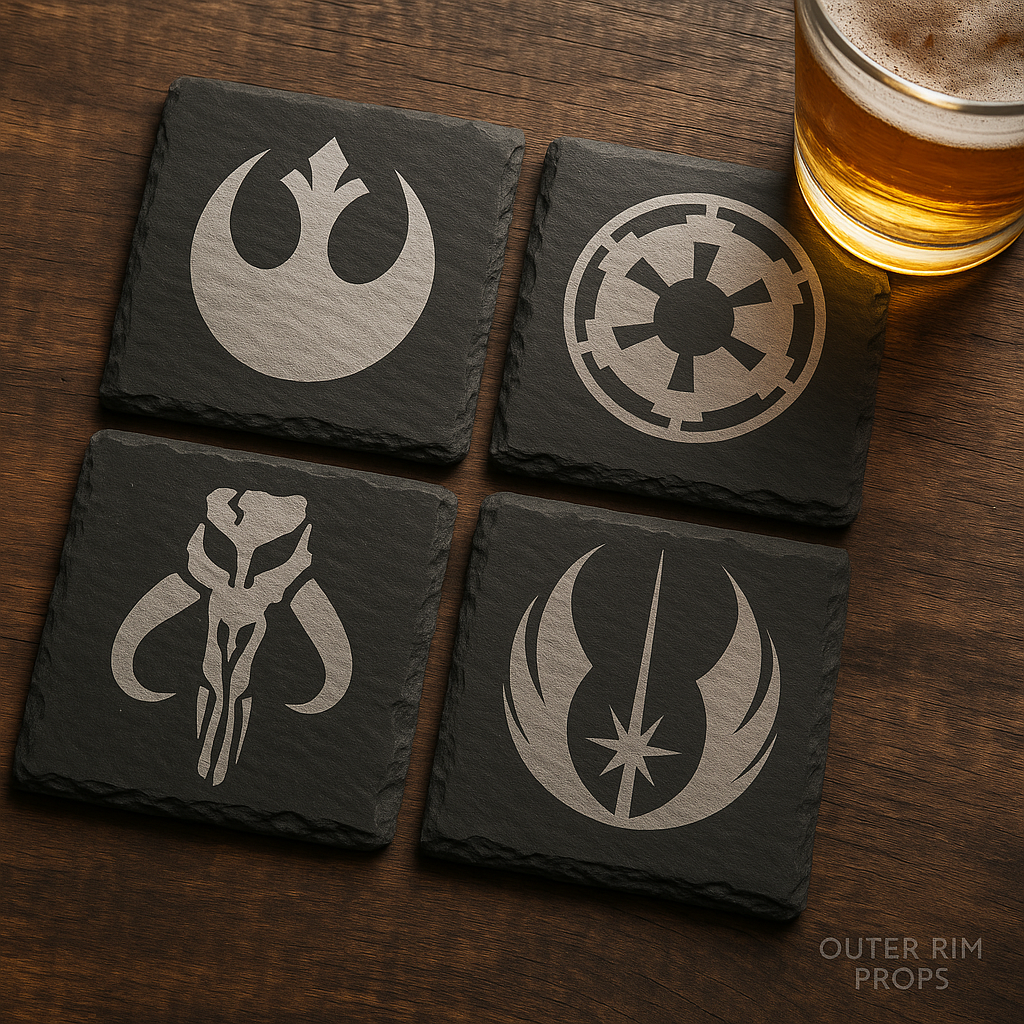Engraved Star Wars-inspired symbol slate coasters on rustic wood table – Outer Rim Props