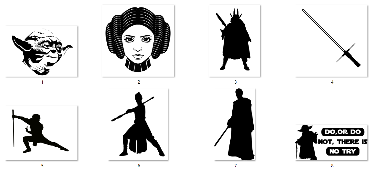 Black and white illustrations of Star Wars characters and symbols on a white background