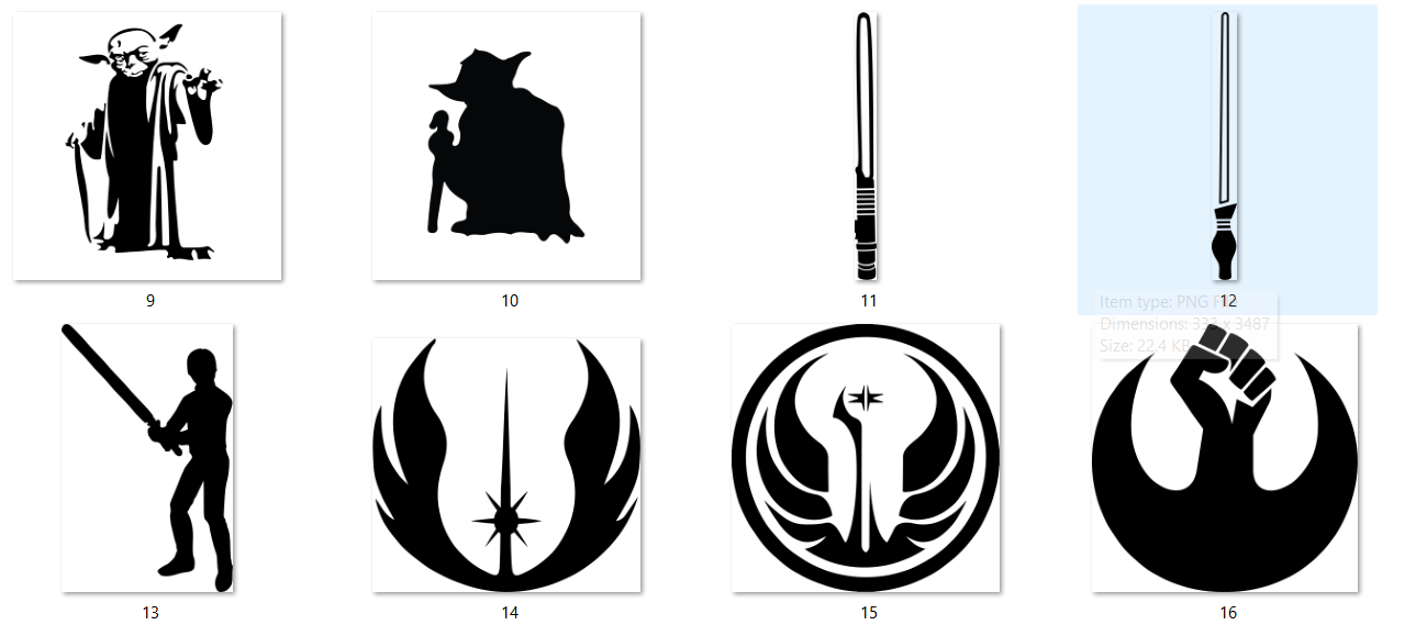 Set of black and white illustrations and symbols, including characters and weapons, on a white background.