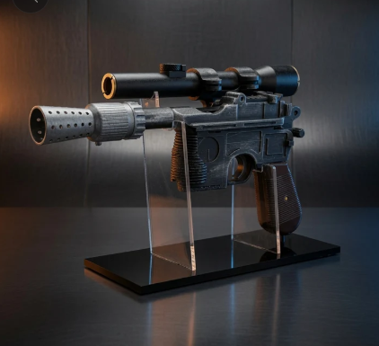 DL-44 blaster display stand with clear acrylic risers on a glossy black base, Outer Rim Props