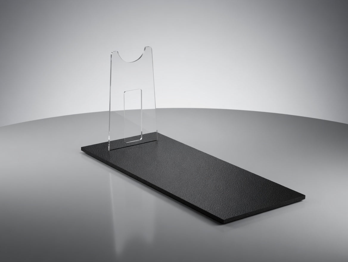 Clear acrylic Bo-Katan WESTAR-35 blaster display stand with textured black base, empty