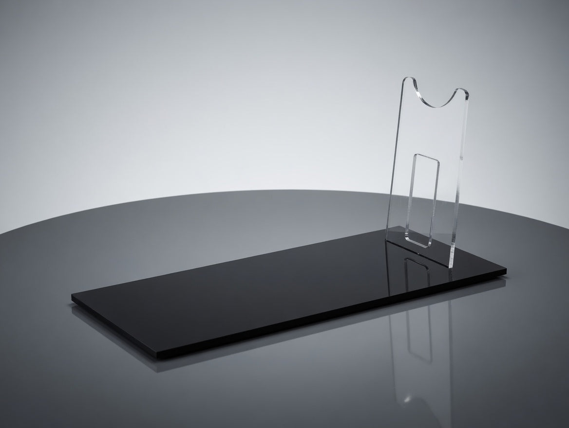 Clear acrylic Bo-Katan WESTAR-35 blaster display stand with textured black base, empty
