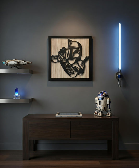 Boba Fett inspired silhouette framed wall art, matte black laser-cut basswood on walnut-toned backer, Outer Rim Props
