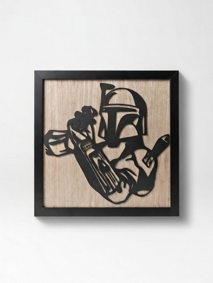 Boba Fett silhouette framed wall art, 12x12 laser-cut wood panel in a black frame, Outer Rim Props