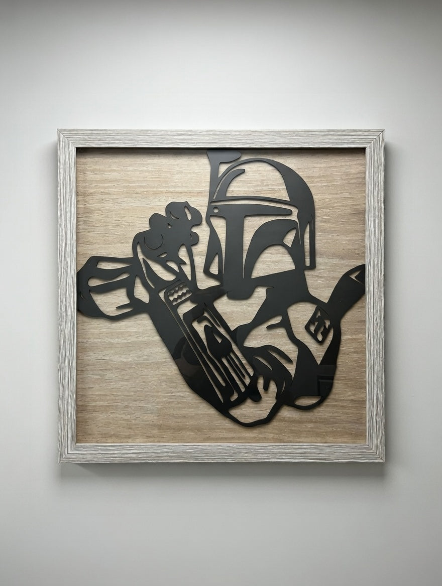 Boba Fett inspired laser-cut wood silhouette wall art, handcrafted in Oregon by Outer Rim Props