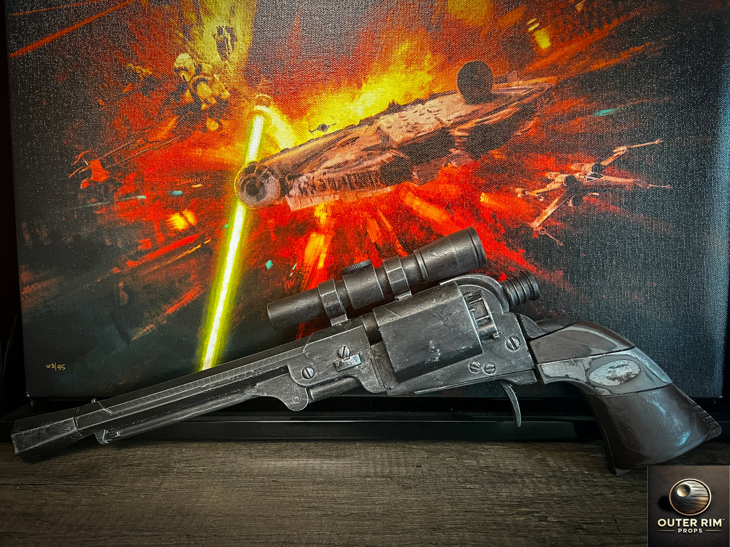 “Full side view of Cad Bane LL-30 blaster pistol replica on wood background, handcrafted by Outer Rim Props.”