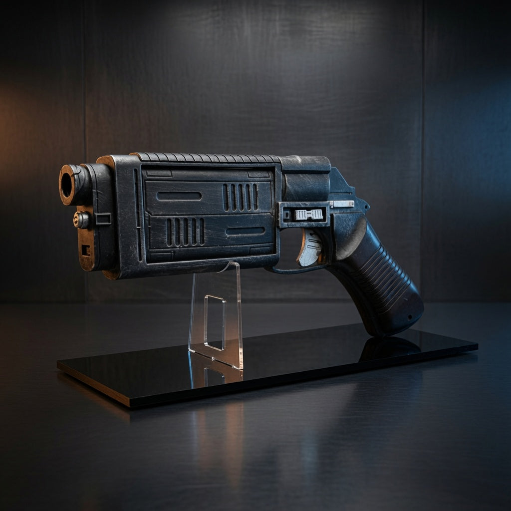 Cassian Andor Bryar MW-20 blaster replica displayed on a clear acrylic stand with matte black base, Outer Rim Props
