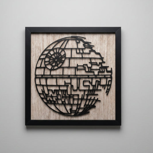 Death Star Silhouette Wall Art - Framed Laser-Cut Battle Station on Walnut Handcrafted in Oregon