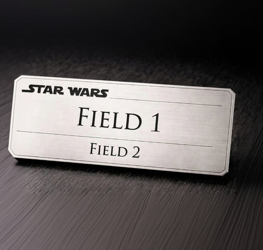 Custom engraved blaster display nameplate in brushed metal finish, personalized laser engraving, Outer Rim Props