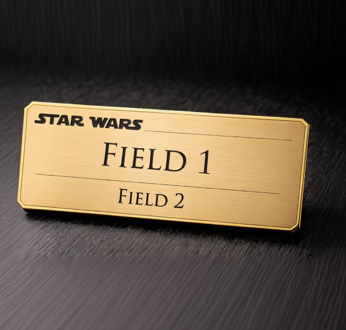 Custom engraved blaster display nameplate in brushed gold finish, personalized laser engraving, Outer Rim Props