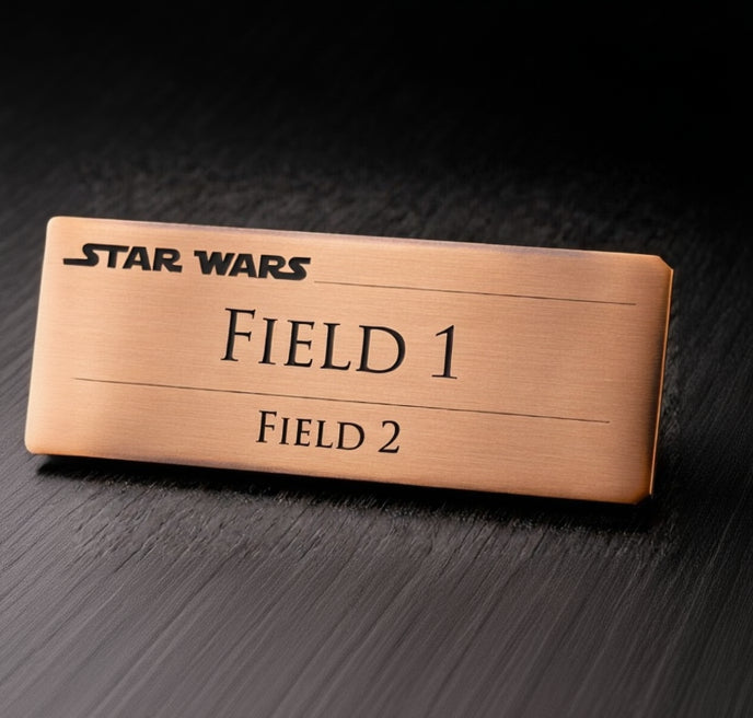 Custom engraved blaster display nameplate with personalized text, laser-etched metal plaque, Outer Rim Props