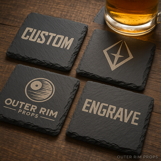 Custom engraved slate coaster example, personalized text on natural slate, Outer Rim Props