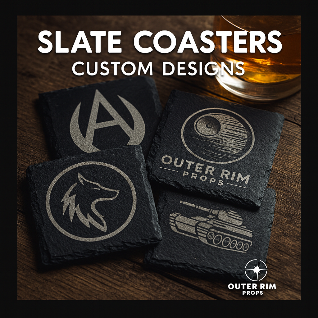 Custom engraved slate coaster example, personalized artwork on natural slate, Outer Rim Props