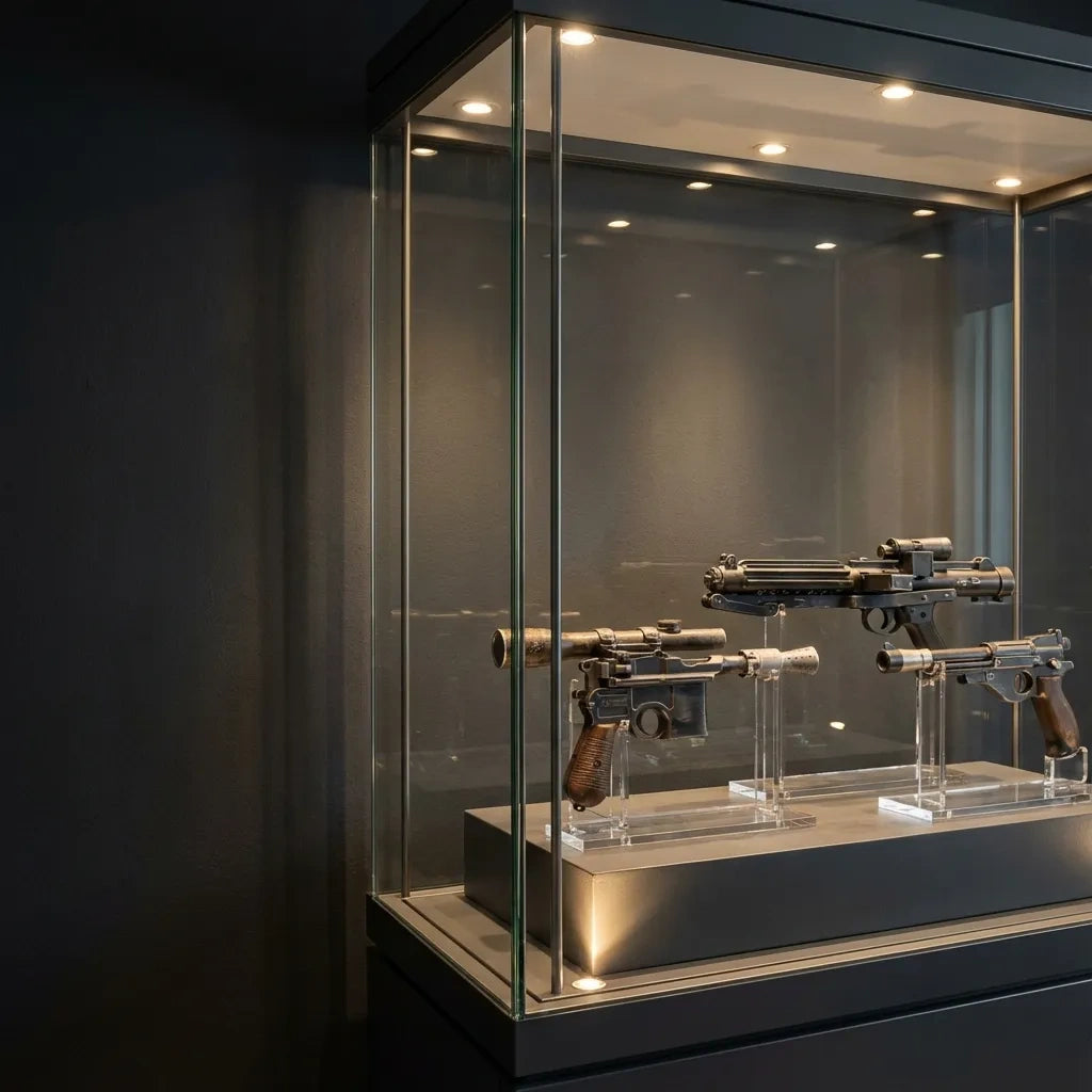 Display case shelf featuring Star Wars replica blasters and custom props for cosplay and display