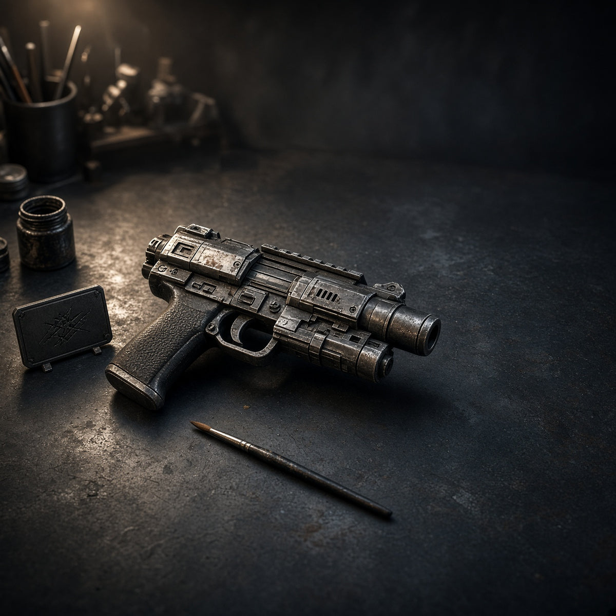 Hand-weathered replica blaster with a custom engraved nameplate on a workshop bench