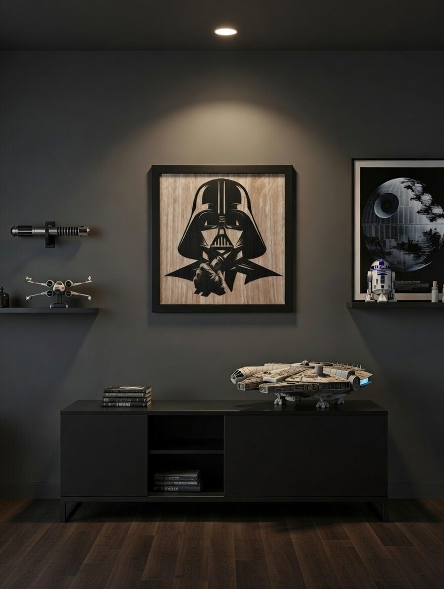 Darth Vader inspired silhouette framed wall art, matte black laser-cut basswood on walnut-toned backer, Outer Rim Props