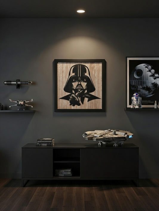 Darth Vader inspired silhouette framed wall art, matte black laser-cut basswood on walnut-toned backer, Outer Rim Props