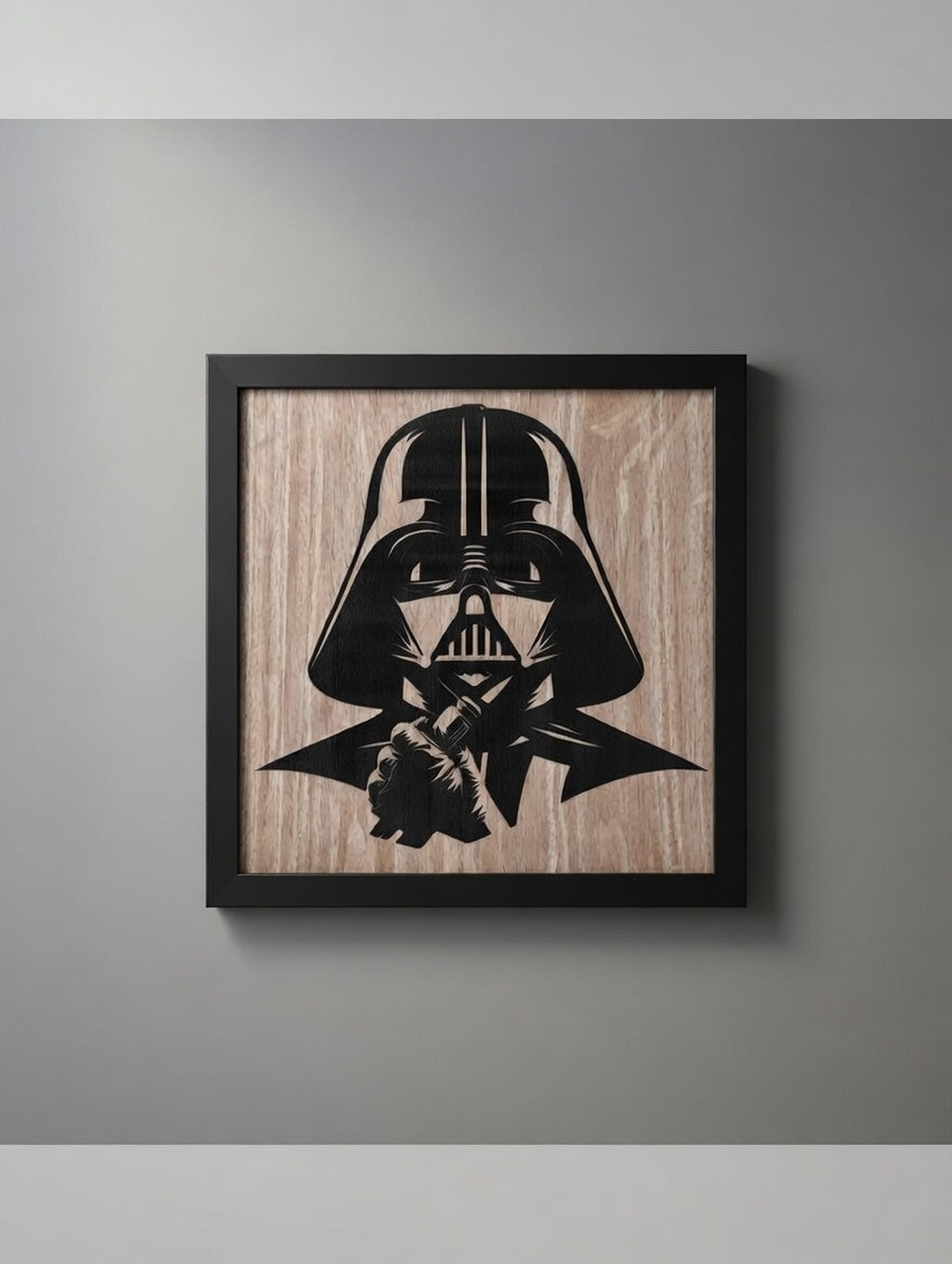 Darth Vader silhouette framed wall art, 12x12 laser-cut wood panel in a black frame, Outer Rim Props