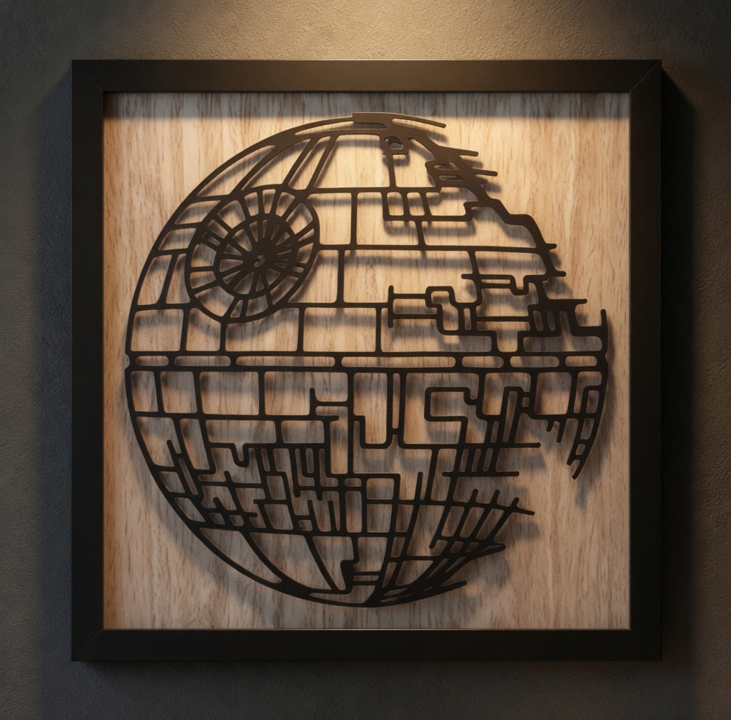 Death Star inspired framed wall art, matte black laser-cut basswood on walnut-toned backer, Outer Rim Props