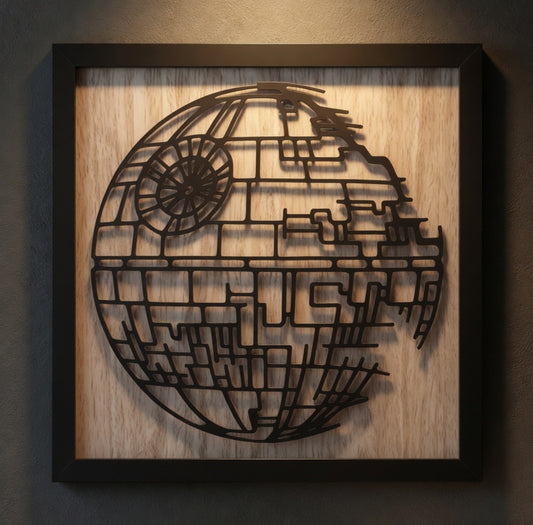 Death Star inspired framed wall art, matte black laser-cut basswood on walnut-toned backer, Outer Rim Props