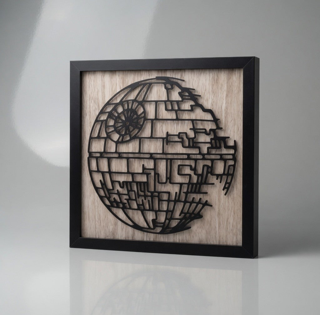 Death Star framed wall art, 12x12 laser-cut wood silhouette panel in a black frame, Outer Rim Props