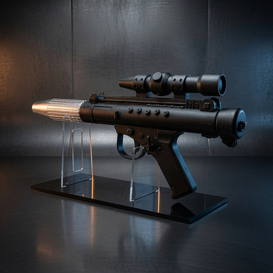 DH-17 rebel blaster replica displayed on a clear acrylic stand with glossy black base, Outer Rim Props