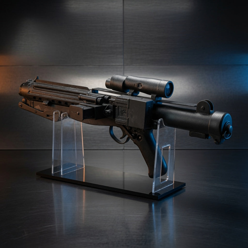E-11 Stormtrooper blaster replica displayed on a clear acrylic stand with polished black base, Outer Rim Props
