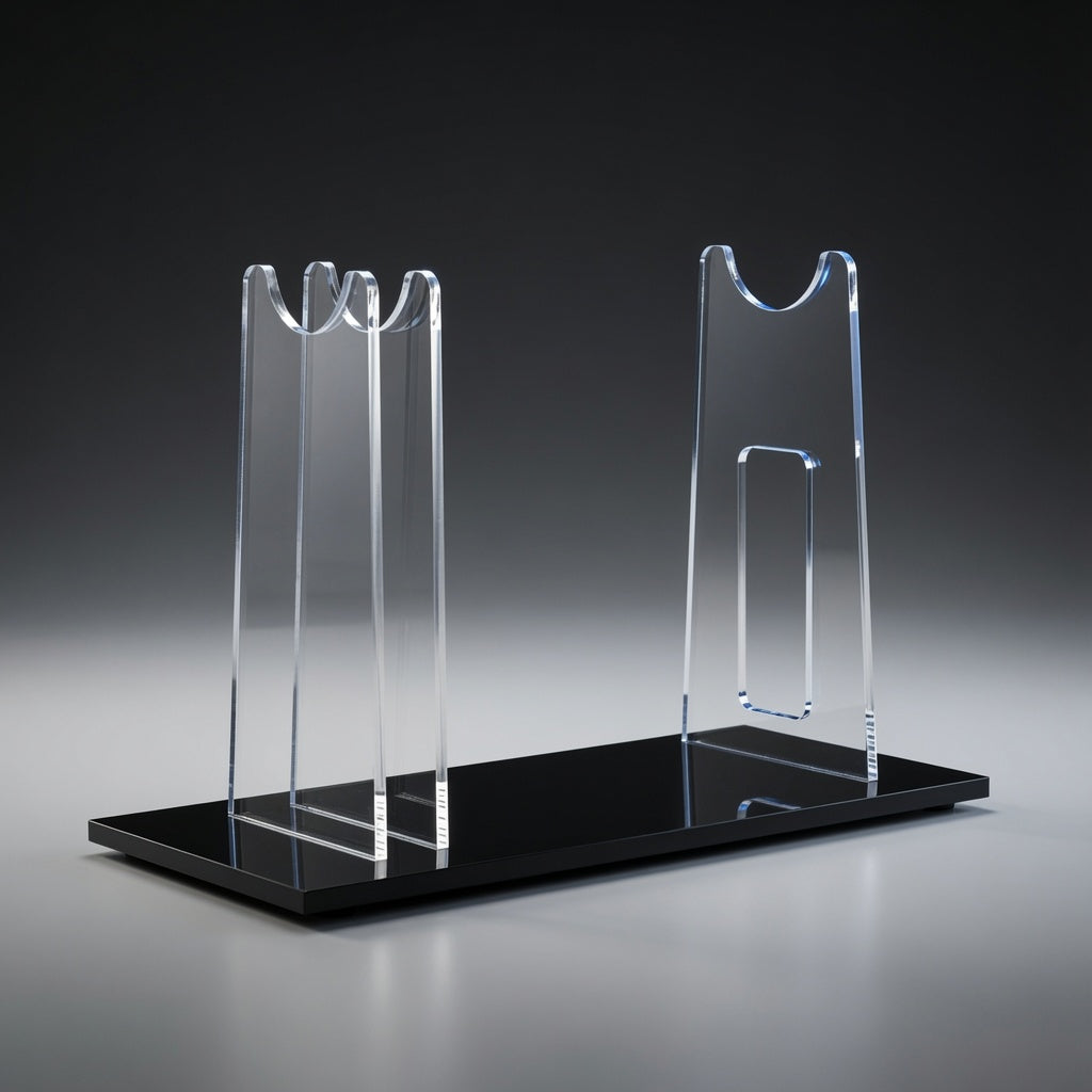 Empty E-11 Stormtrooper blaster display stand with notched clear acrylic risers on a glossy black base, stand only