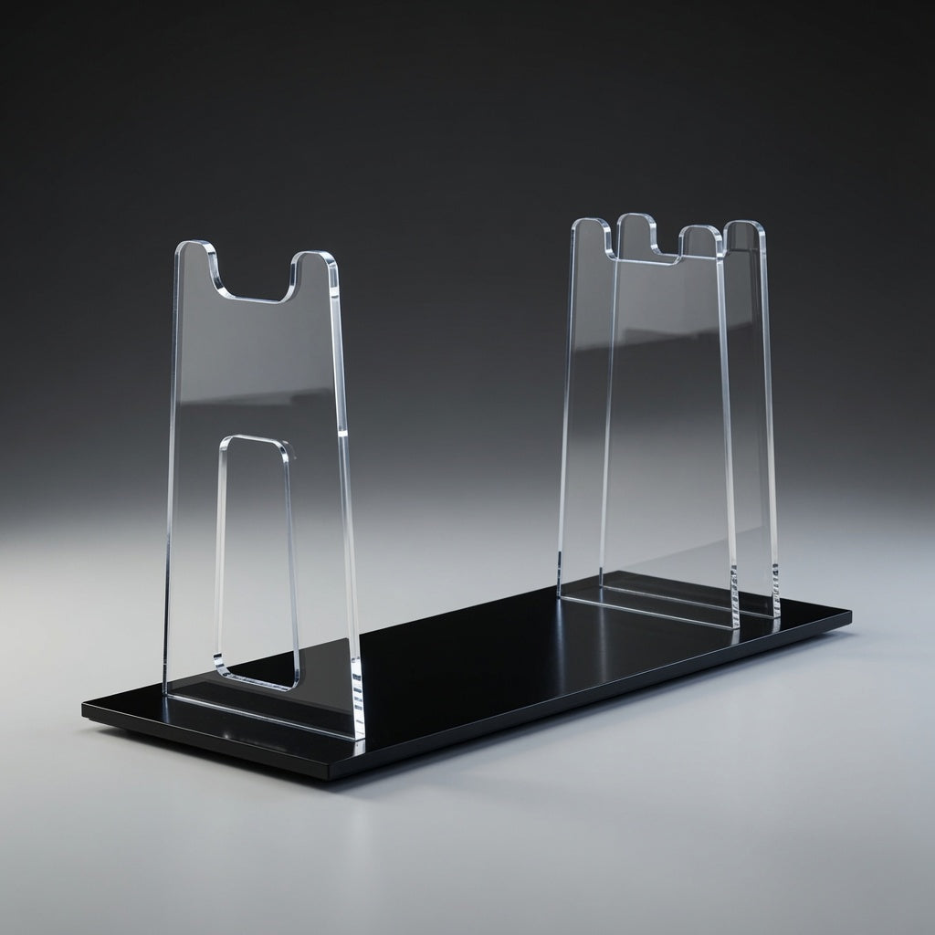 Angled view of the E-11 Stormtrooper blaster display stand showing the clear acrylic riser profile