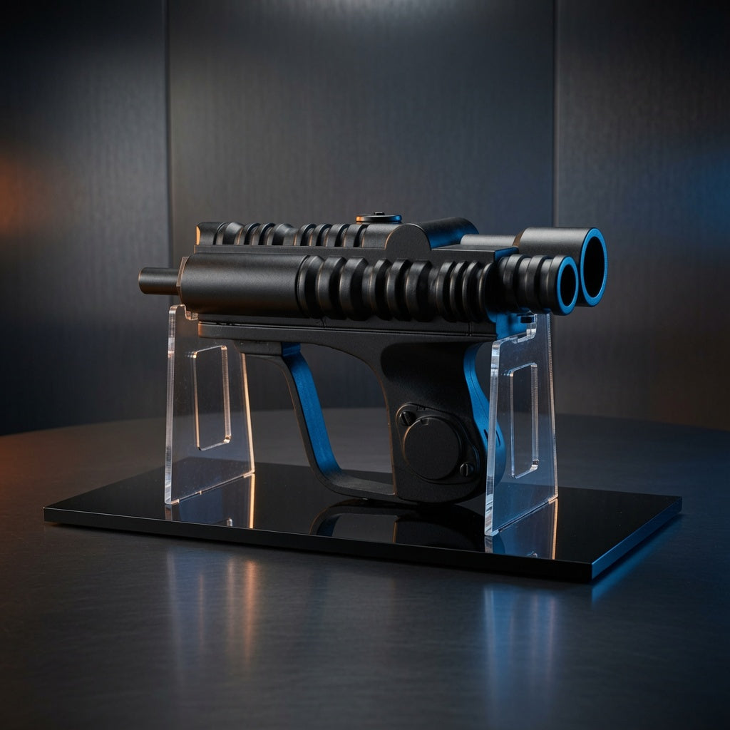 EC-17 scout trooper blaster replica displayed on a clear acrylic stand with polished black base, Outer Rim Props