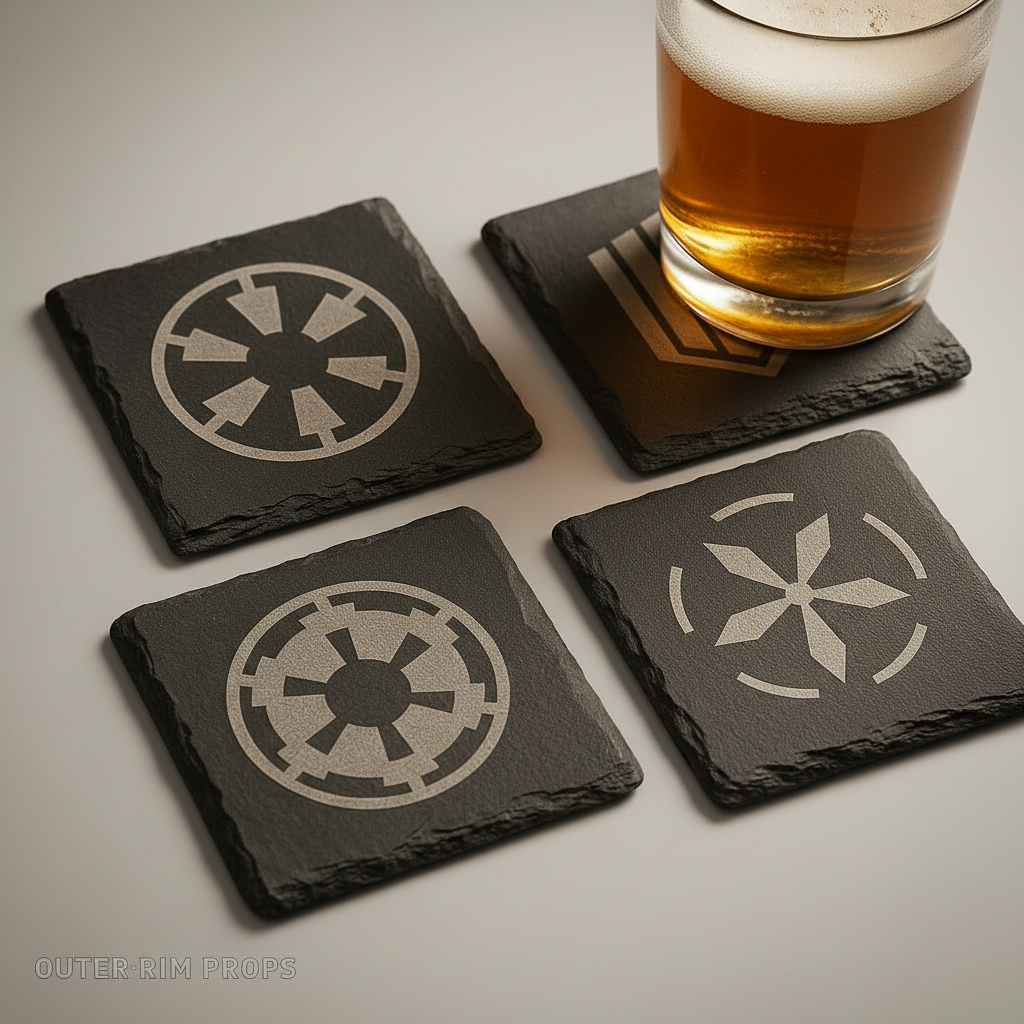 Empire-inspired slate coaster engraved with a stylized cog symbol from Outer Rim Props