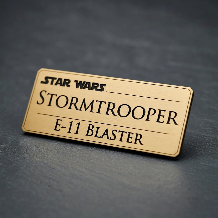 Star Wars Stormtrooper E-11 Blaster name tag on a dark background