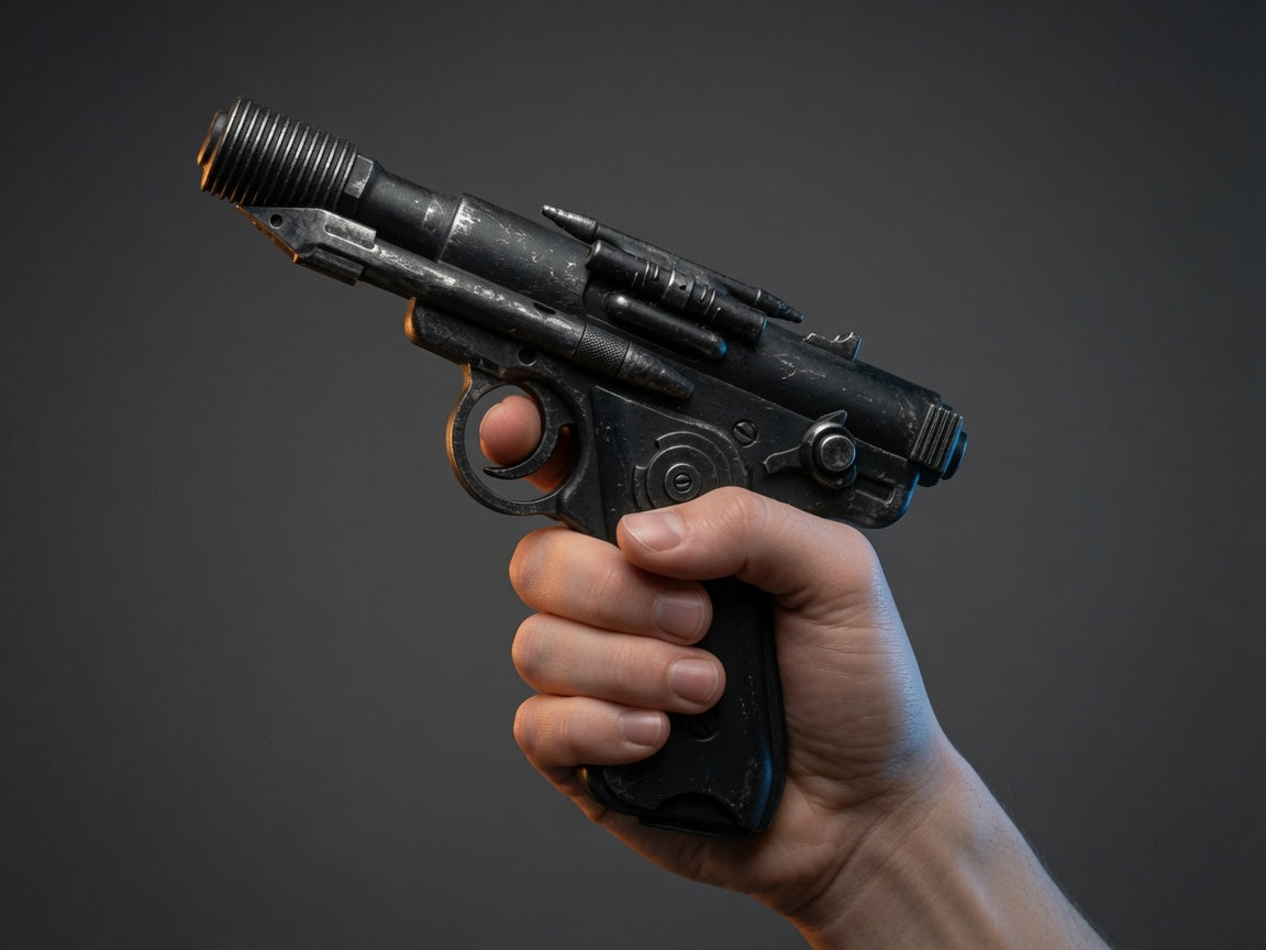 Greedo DT-12 blaster replica in a collector display setting, Outer Rim Props