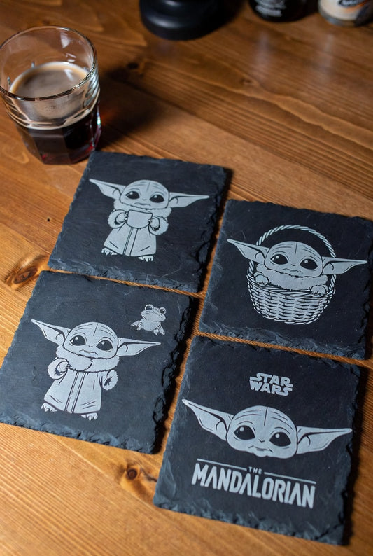 Grogu-inspired slate coaster, engraved symbol design, Outer Rim Props