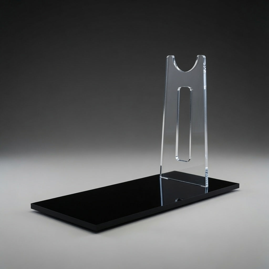 Angled view of the Thrawn RK-3 blaster display stand showing the clear acrylic riser profile