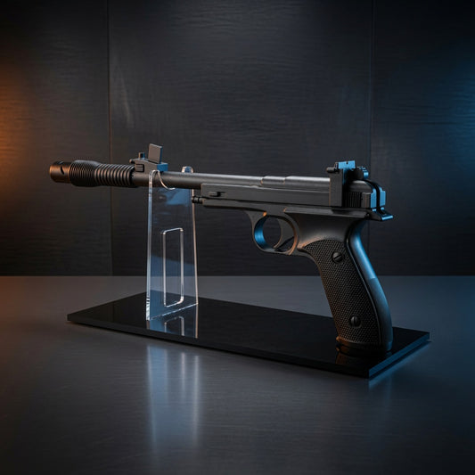 Leia Defender sporting blaster replica displayed on a clear acrylic stand with black base, Outer Rim Props